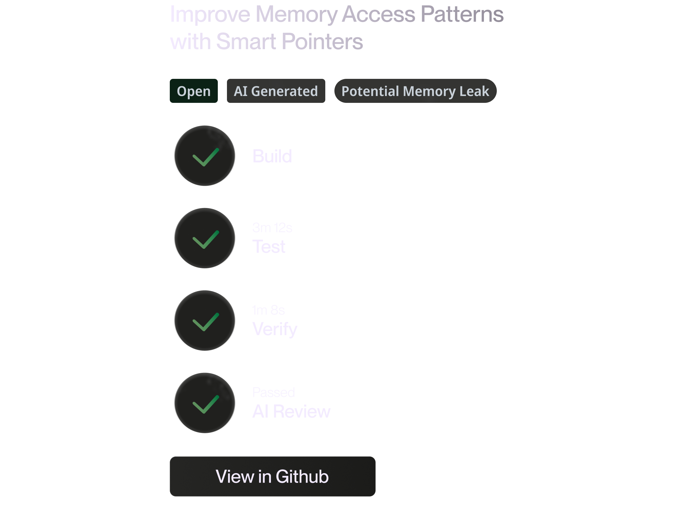 The Permanence AI Coder™ develops a fix, builds, tests, and verifies, inviting the user to view its work in Github.