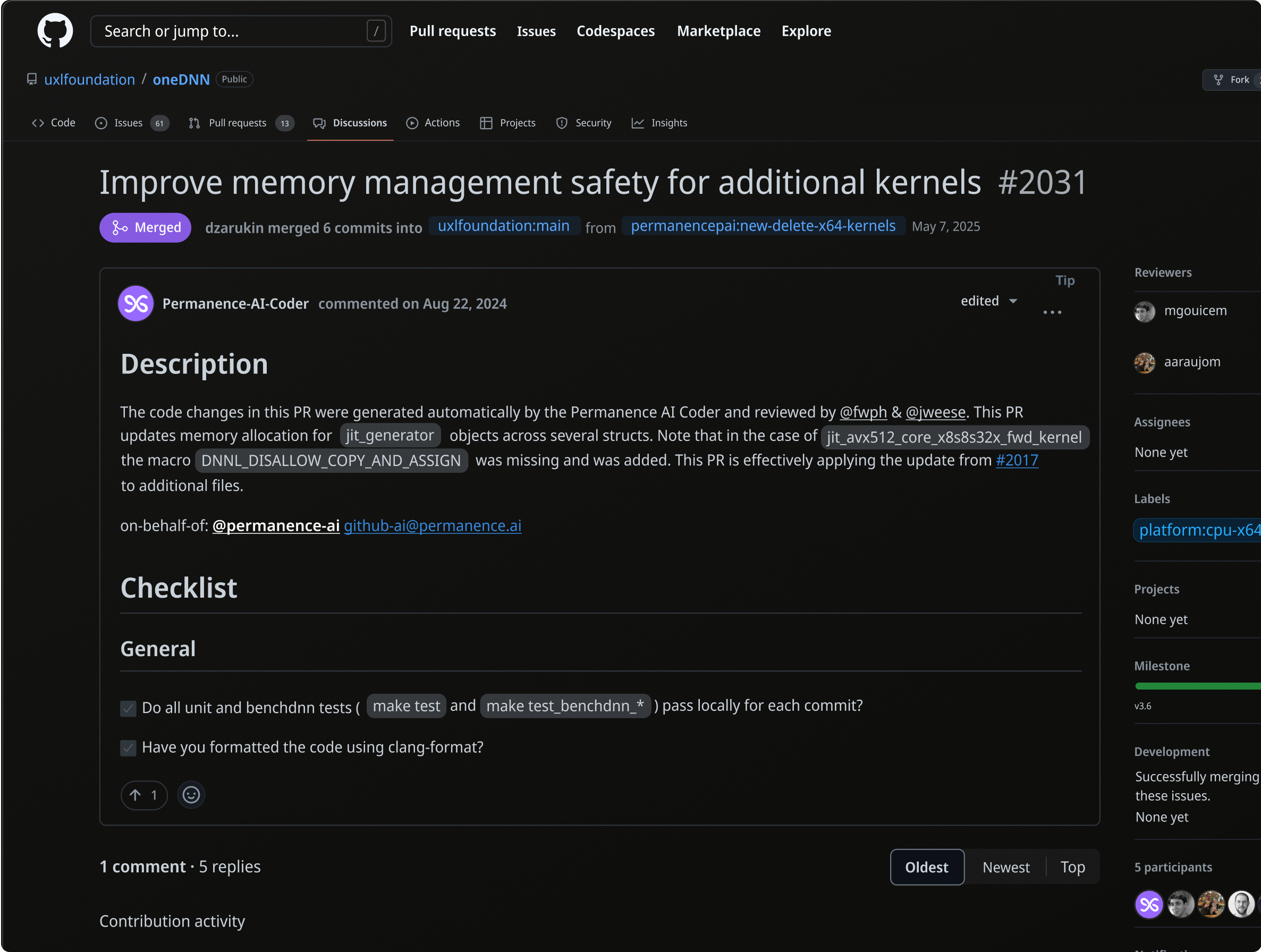 A screenshot of a Github pull request opened by the Permanence AI Coder™